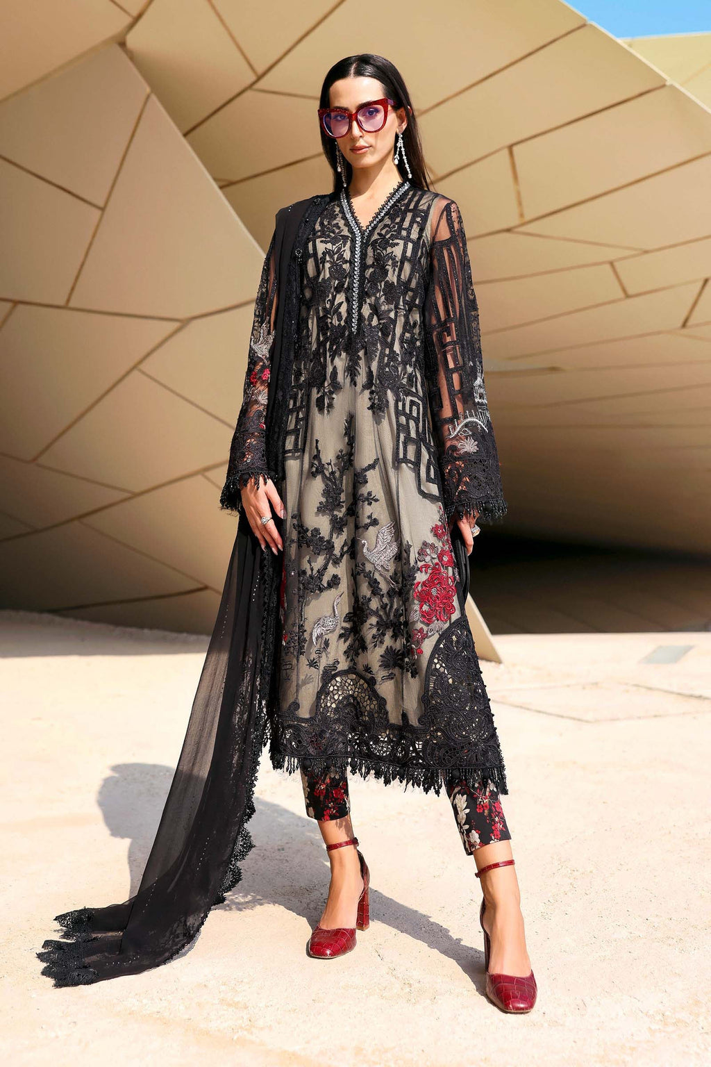 3 Piece Unstitched Embroidered Net Suit